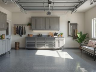 Neatly organized Colleyville garage with custom cabinets, storage, and seating area