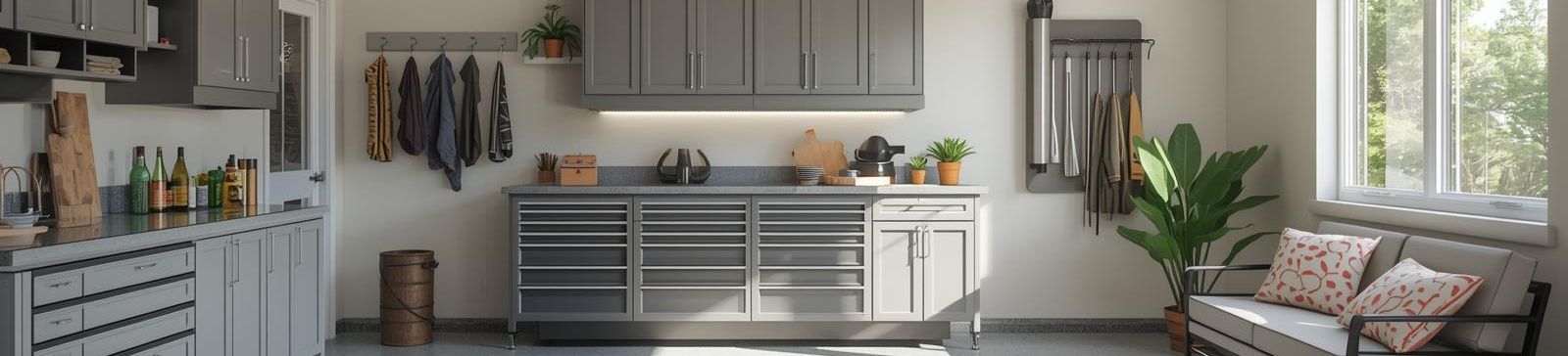 Neatly organized Colleyville garage with custom cabinets, storage, and seating area